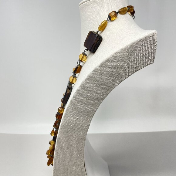 Murano Glass Beaded Necklace Square Pendant Amber Brown Faceted - Picture 7 of 16